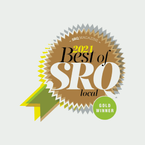 A gold and silver award badge reads "2021 Best of SRQ Local" with a green circle stating "Gold Winner" and a ribbon on the bottom left.