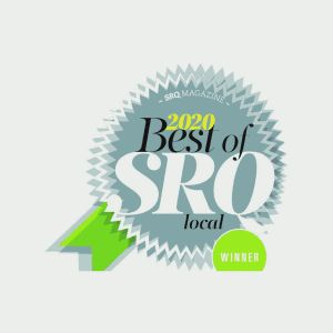A grey and green badge reads "2020 Best of SRQ local" with "WINNER" in a green circle, representing an award from SRQ Magazine.
