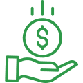 Green line art icon of an open hand receiving a coin with a dollar sign, representing payment or financial transaction.