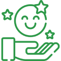 Green outline icon of a hand holding a smiling face with stars around it, representing satisfaction or positive feedback.