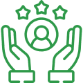 Green outline icon of two hands holding a person with three stars above their head, symbolizing support, recognition, or customer satisfaction.
