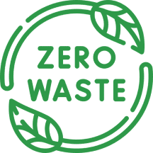 Green "Zero Waste" logo with two stylized leaves forming a circular arrow around the text, symbolizing sustainability and waste reduction.