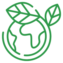Green line drawing of a globe with two leaves sprouting from the top, symbolizing environmental conservation or eco-friendliness.