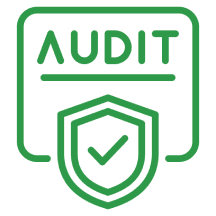 Green outline icon with the word "AUDIT" above a shield containing a checkmark, symbolizing audit verification or approval.