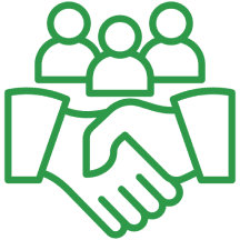 Green line illustration of two hands shaking in the foreground, with three people icons in the background.