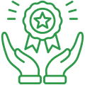 Green line drawing of two open hands below an award ribbon with a star in the center, symbolizing recognition or achievement.