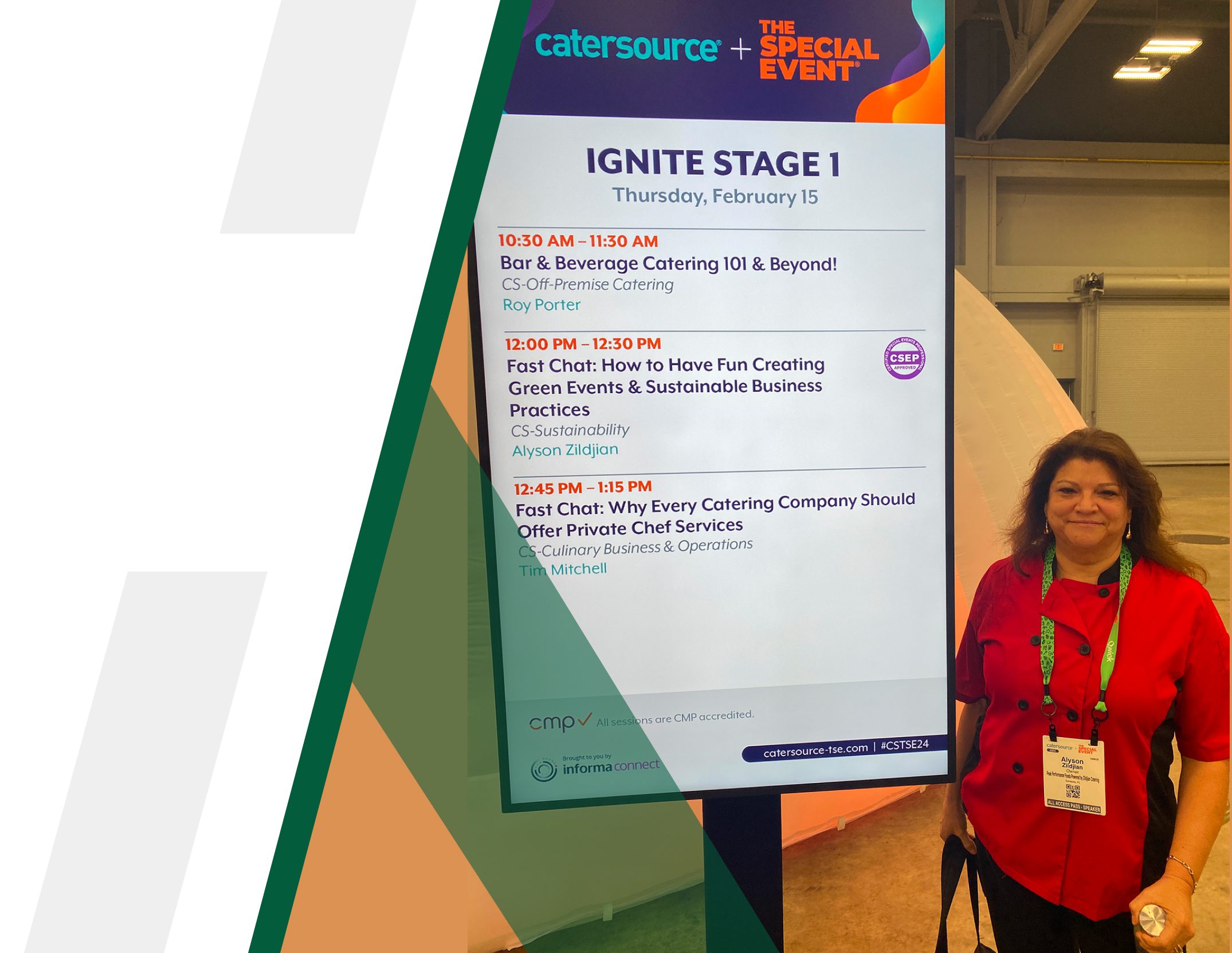 Digital screen displaying Ignite Stage 1 schedule at a conference.